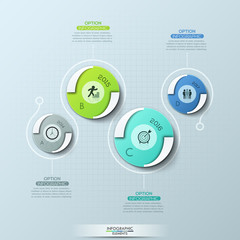 Fototapeta na wymiar Creative infographic design template with 4 round elements, pictograms, year indication and text boxes.