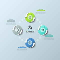 Fototapeta premium Circular diagram with 4 equal round elements connected by lines and text boxes, modern infographic design template