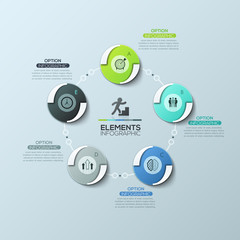 Circular diagram with 5 round elements connected by lines and text boxes, modern infographic design layout.