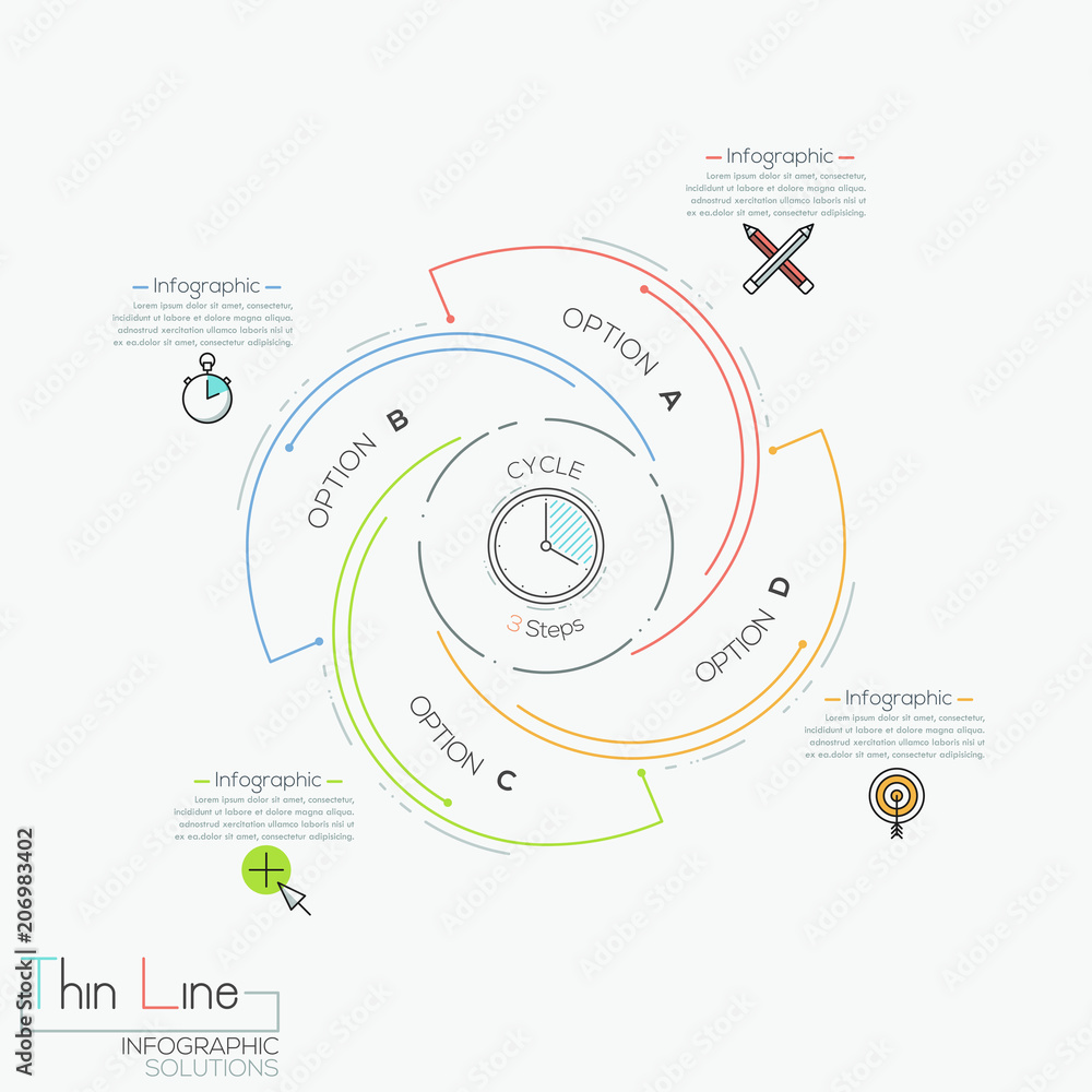 Poster round infographic design layout with 4 spiral lettered elements