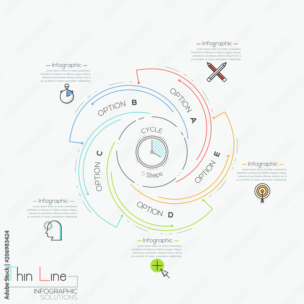 Poster circular infographic design layout with 5 spiral lettered elements