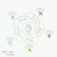 Circular infographic design layout with 5 spiral lettered elements