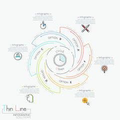 Round infographic design template with 6 spiral multicolored elements