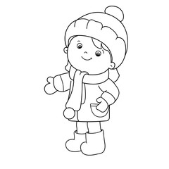 Coloring Page Outline Of cartoon girl. Winter. Coloring book for kids