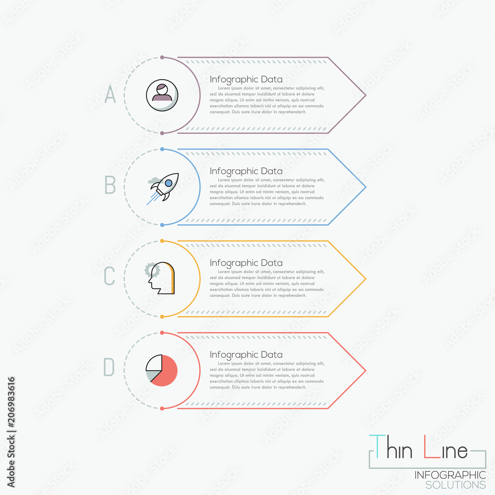 Poster creative infographic design template. 4 multicolored rectangular elements with letters, pictograms a