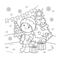 Coloring Page Outline Of girl with gifts at Christmas tree. Christmas. New year. Coloring book for kids