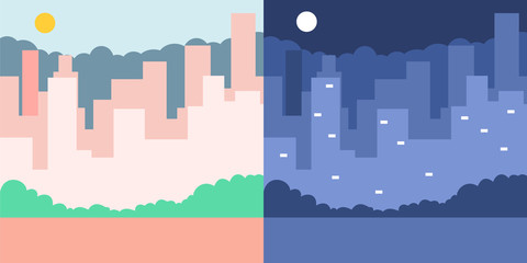 City skyline in day and night. Vector flat illustration of a cityscape with sun and moon.
