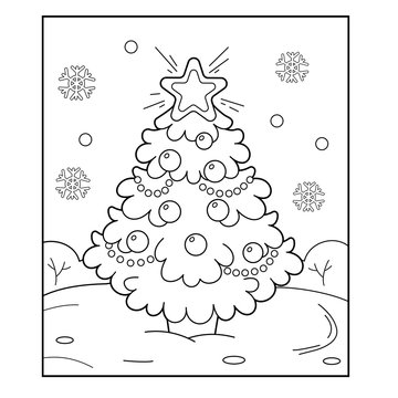 Christmas tree with ornaments and gifts. Christmas. New year. Coloring book for kids. Coloring Page