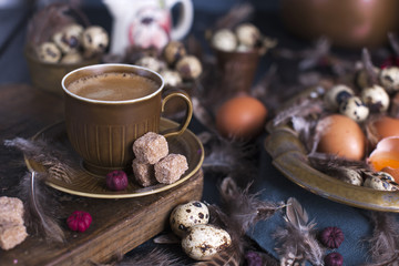 Espresso coffee and a vintage coffee pot and brown sugar