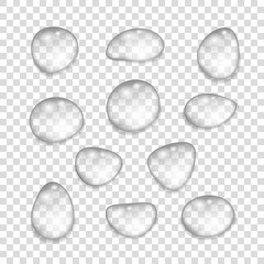 Set of  transparent  gray  drops of pure  water.