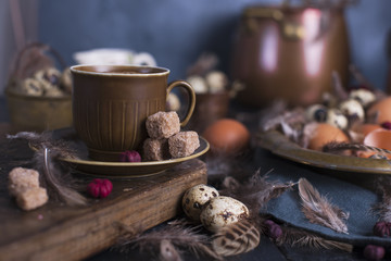 Espresso coffee and a vintage coffee pot and brown sugar