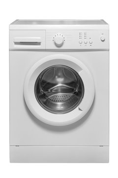 A white modern automatic washing machine with a closed hatch is isolated.
