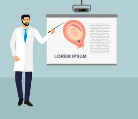Doctor points on flipchart. doctor holding a pointer stick. Doctor with pointer in presentation stand . lecture, seminar, report, presentation, coaching, meeting.  Male in robe with Pointer 
