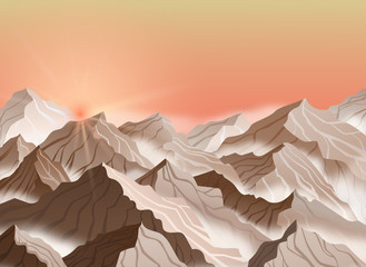 Vector illustration of mountain landscape with sunrise or sunset. Brown cliffs with fog