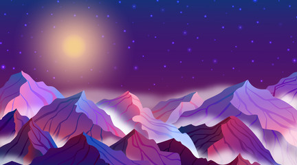 Vector illustration of night landscape with mountains, stars, full moon, beautiful sky