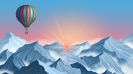 Mountain landscape with colorful hot air balloon in realistic 3d style. Blue winter cliffs with fog