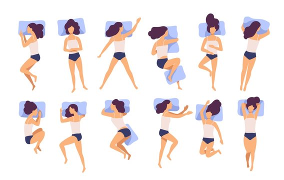 Collection of young woman sleeping in bed in various poses. Set of female cartoon character lying in different postures during night slumber. Top view. Colorful vector illustration in flat style.