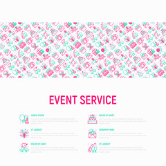 Fototapeta na wymiar Event services concept with thin line icons: kids party, gifts, birthday, magician, clown, videographer, party invitation, corporate, fireworks, music. Vector illustration, print media template.