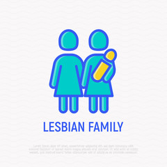 Lesbian family with child thin line icon. Modern vector illsutration.