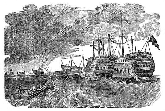 Prison ships (hulks), Britain (from Das Heller-Magazin, May 10, 1834)