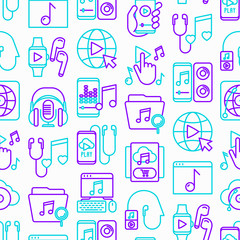 Online music seamless pattern with thin line icons: smartphone with mobile app, headphones, earphones, equalizer, speaker, smart watch, microphones, note. Vector illustration.