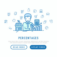 Percentages concept: manager gives credit or mortgage. Thin line icons: loan, offer, interest rate, sale, discount, percentage graph of growth or fall, leasing. Vector illustration, web page template.