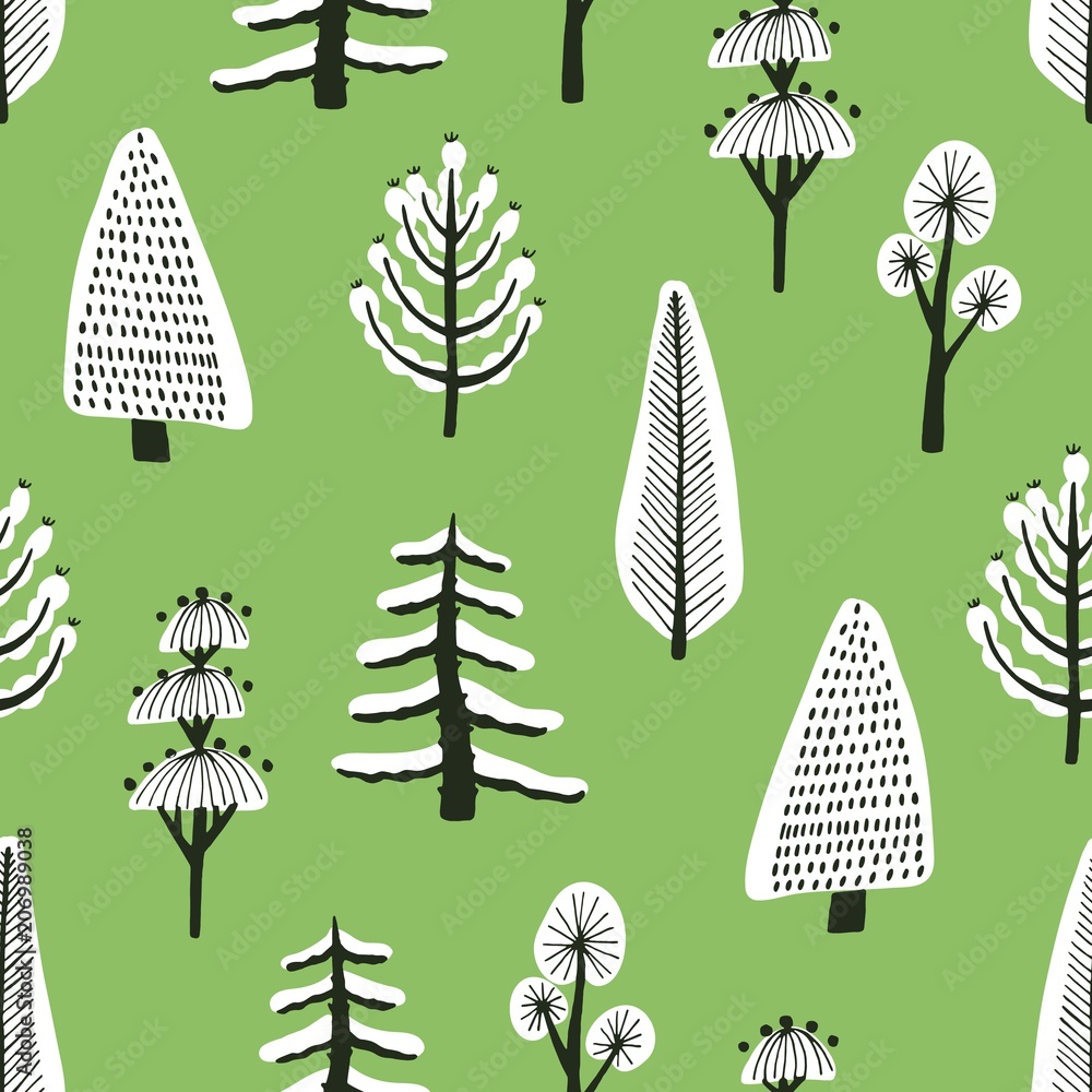 Poster seamless pattern with different hand drawn winter trees covered by snow on green background. backdro