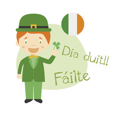 Vector illustration of cartoon character saying hello and welcome in Irish