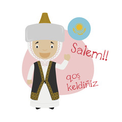 Vector illustration of cartoon character saying hello and welcome in Kazakh