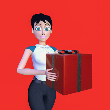 A pretty young woman with a red gift box (3d rendering)