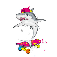 Stylish skater shark in cap. Skateboard. Vector illustration for a postcard or a poster, print for clothes. Street cultures. Sea, ocean and fish.