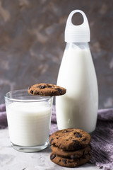 Chocolate biscuits next to a glass bottle and a glass of milk on a gray table.