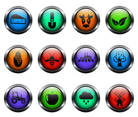 agriculture vector icons on color glass buttons