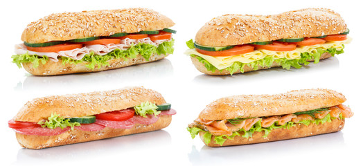 Sammlung Baguette Brötchen belegt mit Schinken Salami Käse Lachs Fisch Sandwich frisch freigestellt Freisteller
