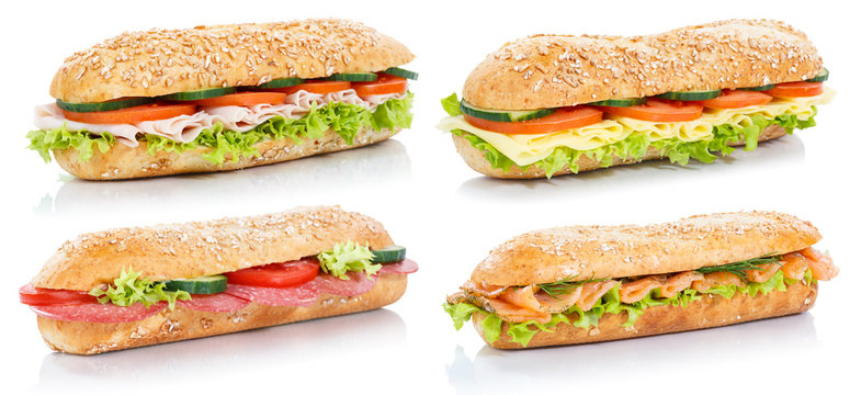 Sammlung Baguette Brötchen belegt mit Schinken Salami Käse Lachs Fisch Sandwich frisch freigestellt Freisteller