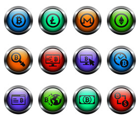 cryptocurrency vector icons on color glass buttons
