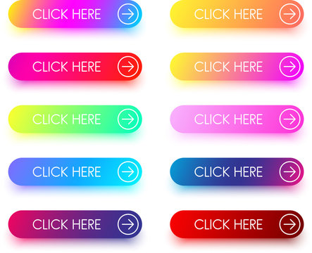 Colorful click here icons with arrow isolated on white.