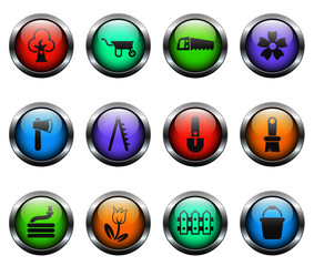 gardening vector icons on color glass buttons