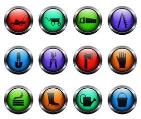 garden tools vector icons on color glass buttons