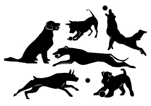 Set of cheerful dogs. Black isolated silhouettes on white background