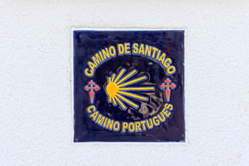 Sign of the pilgrimage route  the Camino Portugues - The Way of Saint James (El Camino de Santiago).