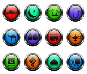 islam vector icons on color glass buttons