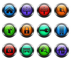 real estate vector icons on color glass buttons