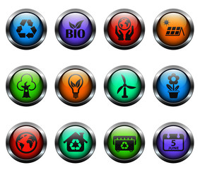 world environment day vector icons on color glass buttons