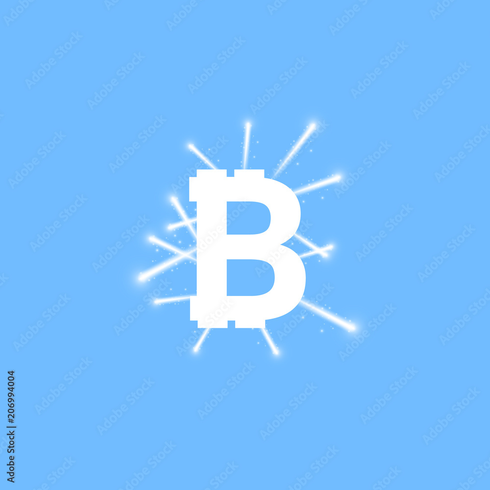 Wall mural Digital bitcoins symbol with light effect and firework on blue backgraund.