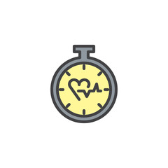 Heart Timer filled outline icon, line vector sign, linear colorful pictogram isolated on white. Stopwatch with heartbeat symbol, logo illustration. Pixel perfect vector graphics