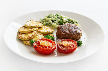 turkey cutlet with fried vegetables and fresh salad
