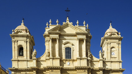 View of the Baroque church Cathedral of San Nicola di Mira in the center of Noto in the province of Syracuse in Sicily, Italy