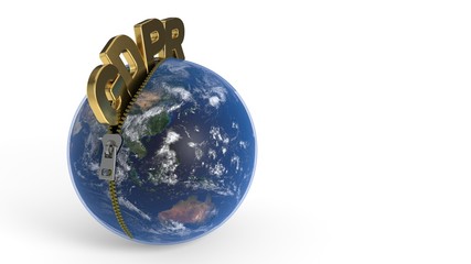 GDPR is leaving the zipper through the world, 3d rendering