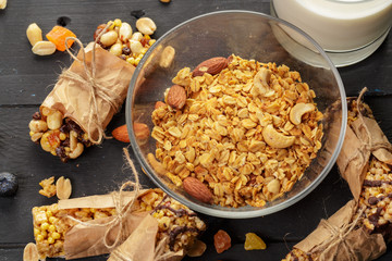 Granola bar on wooden background